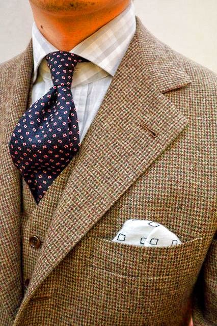 Brown Tweed Suit and Blue Patterned Tie