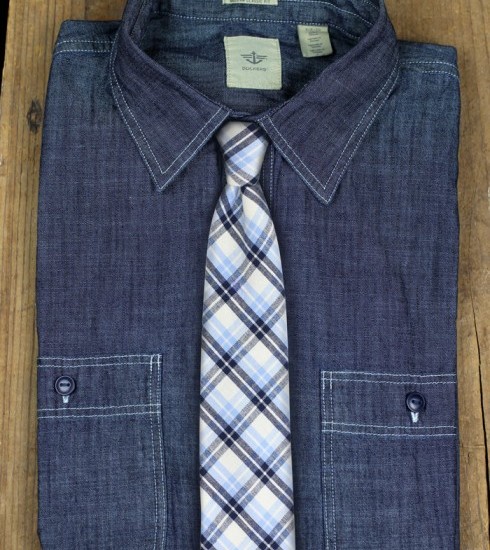 Denim Shirt and Plaid Blue Necktie