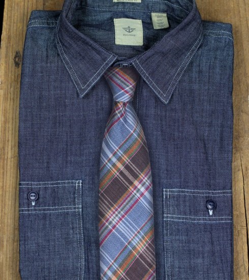 Denim Shirt and Plaid Necktie in Blues and Browns
