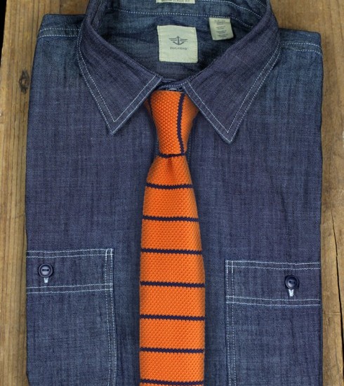 Striped Orange Knit Tie and Denim Shirt