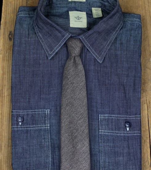 Denim Shirt and Herringbone Patterned Tie