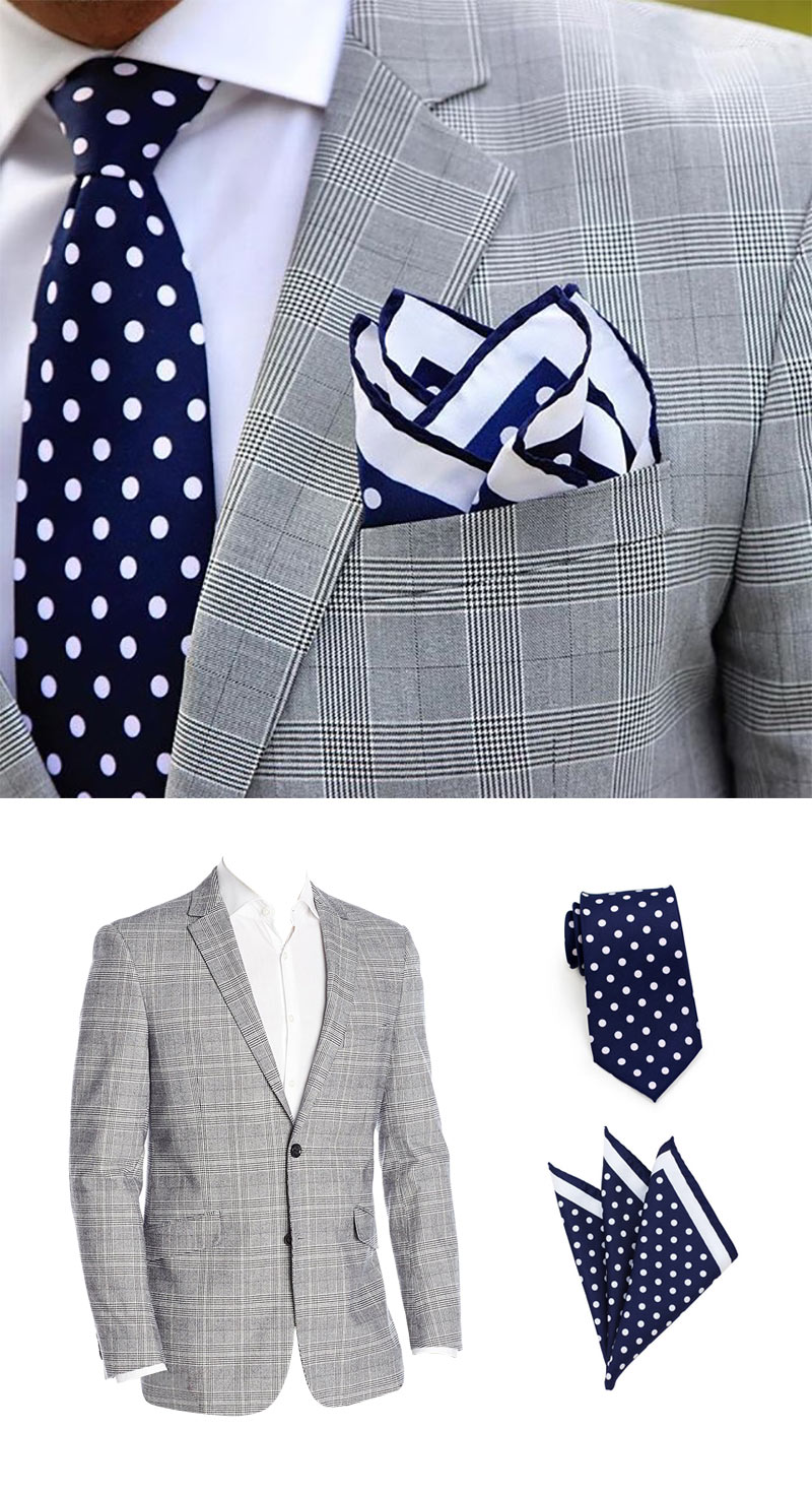 Men's Fashion - Grey Jacket with Navy Dot Necktie