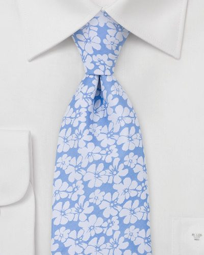 Floral Necktie in White and Light Blue