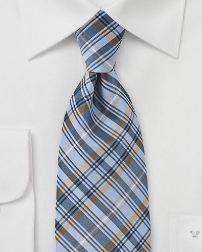 Mens Trendy Plaid Tie in Powder Blue, Tan, Navy