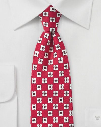Racing Red Necktie with White Flowers