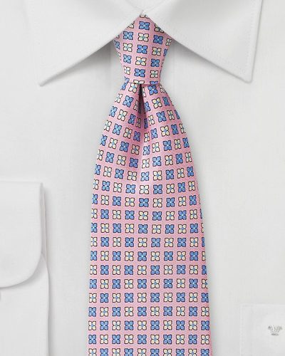 Pink Silk Tie with Lilac and Cream Flowers