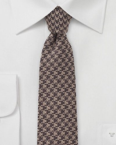 Mens Designer Dogstooth Skinny Tie in Brown 