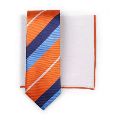 Orange and Blue Striped Tie Paired with White Linen Pocket Square with Orange Border