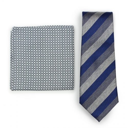 Navy, Charcoal, Gray Striped Skinny Tie Paired with Geometric Pocket Square in Gray