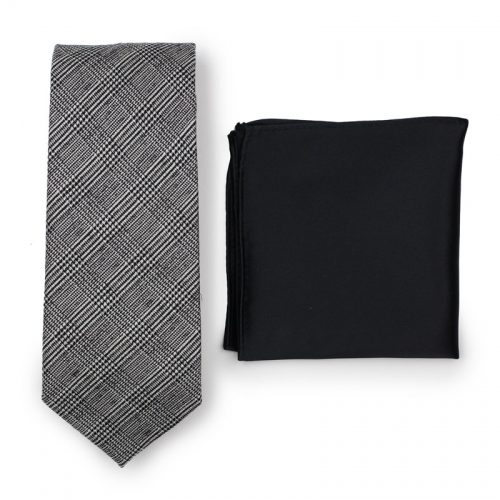 Charcoal Gray Glen Check Mens Necktie Paired to Solid Black Pocket Square