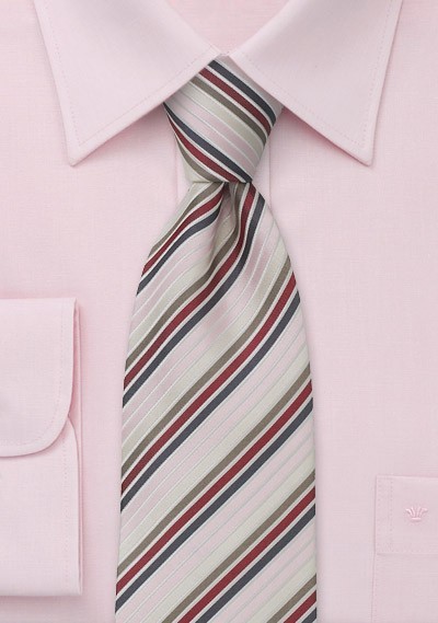 Striped pink necktie  -  Thin striped tie in pink, red and gray