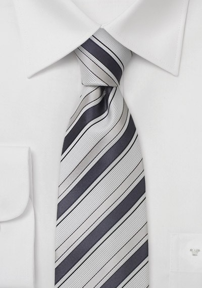 Handmade striped necktie - Tie with white, silver, and charcoal gray stripes