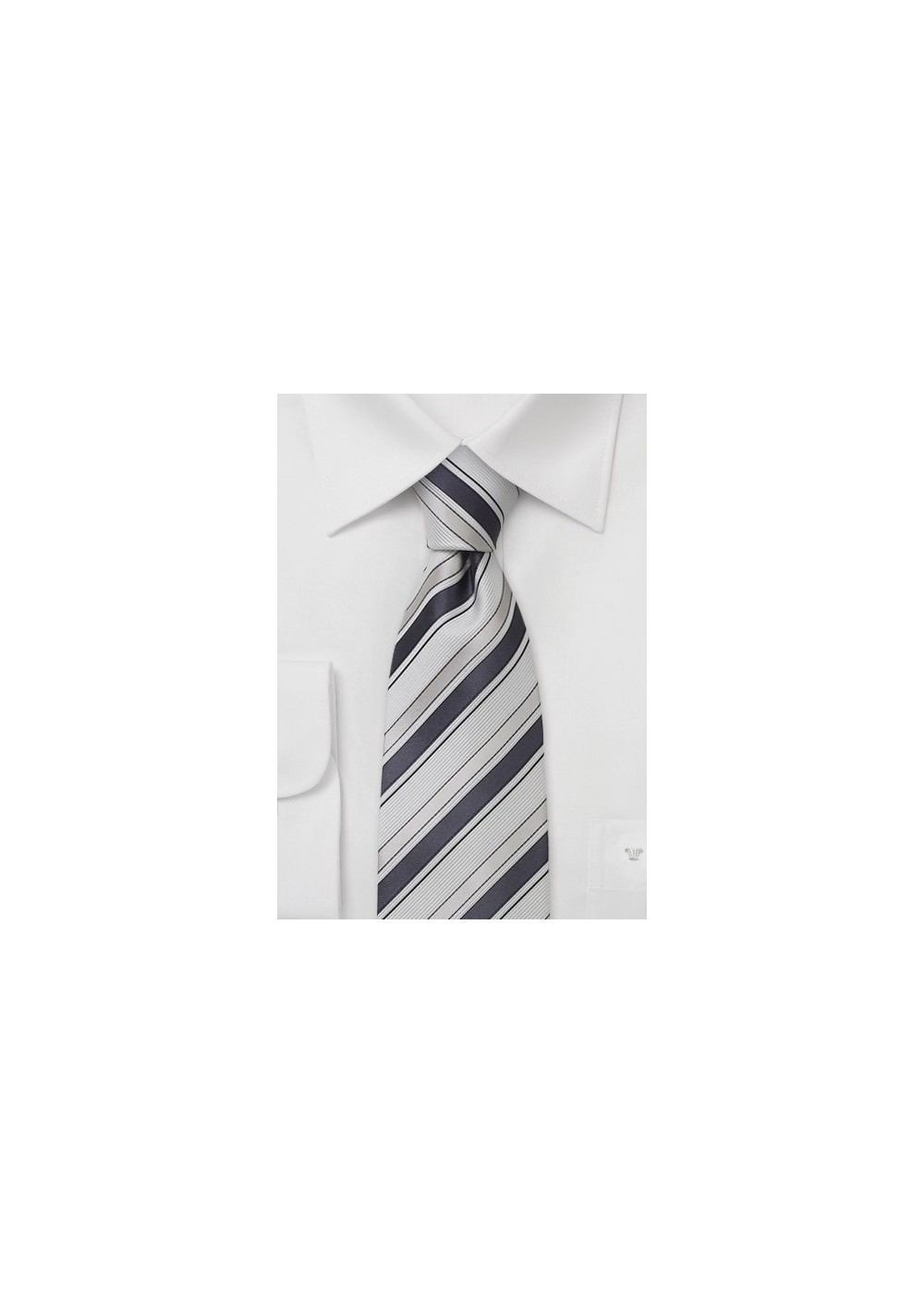 Handmade striped necktie - Tie with white, silver, and charcoal gray stripes