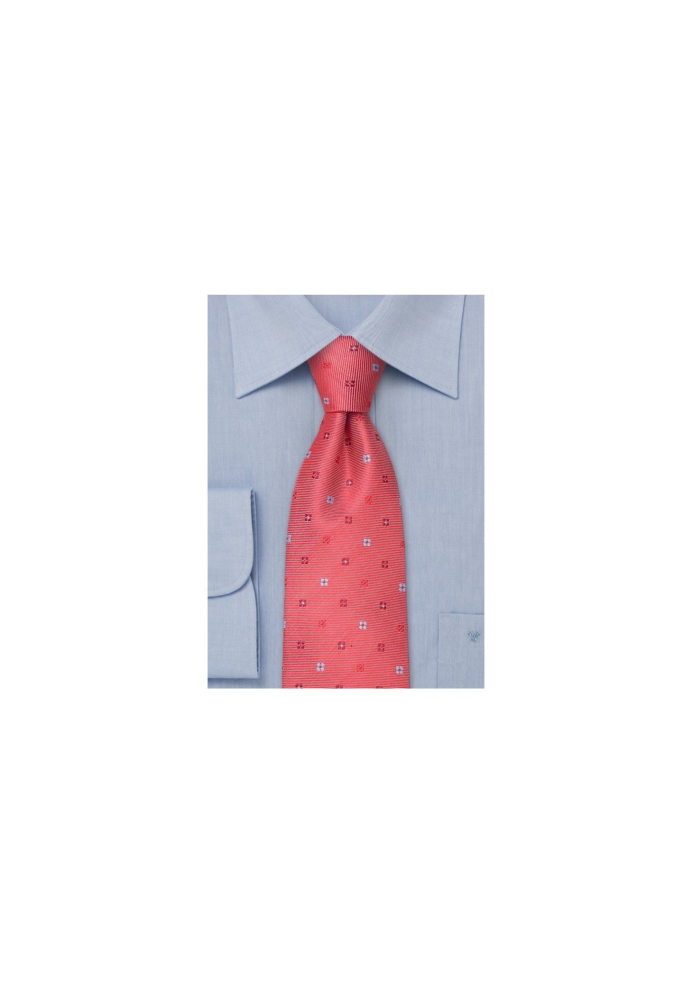 Coral red necktie  -  Handmade silk tie with flower pattern