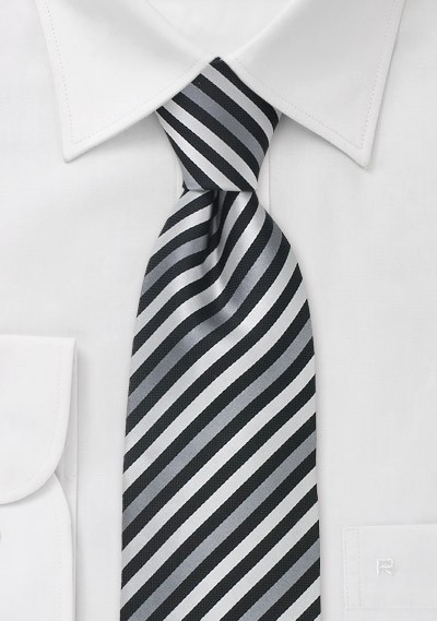 Thin striped silk tie in black, silver, and gray