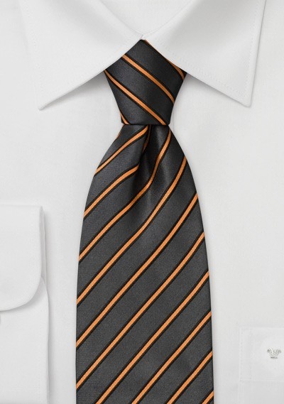 XL striped silk tie  - Extra long gray necktie with fine orange stripes