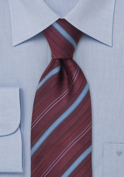 Striped necktie -  Burgundy red and light blue striped silk tie