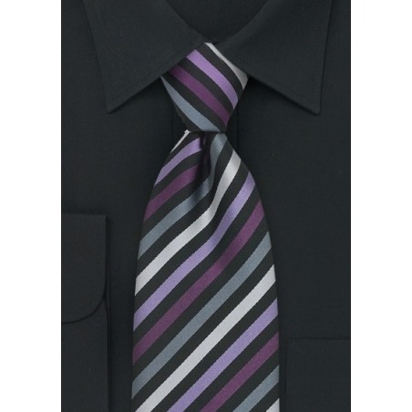Striped Mens Tie in Purple, Lavender, Silver, and Gray