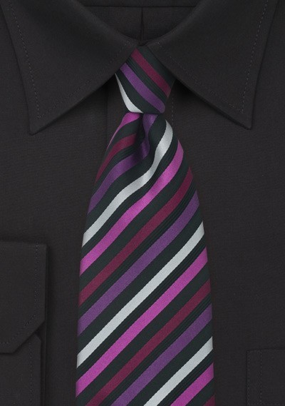 Striped Silk Tie in Black, Fuchsia, Purple, and Silver