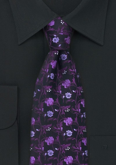 Black Tie with Violet Floral Pattern