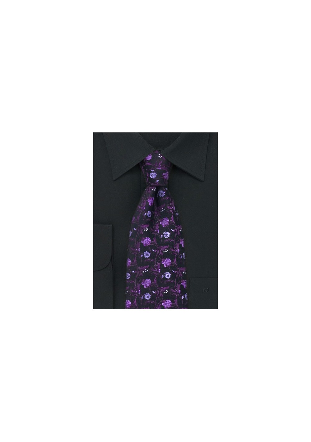 Black Tie with Violet Floral Pattern