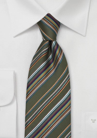 Olive Green Striped Mens Tie with Contrast Pocket Square Set