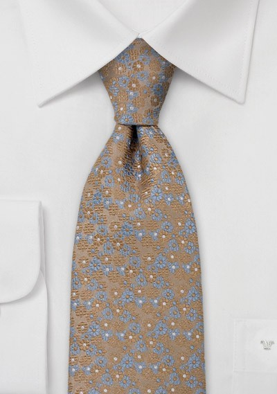 Bronse Gold Tie with Blue Flowers