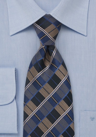 Brown, Blue, Black Checkered Tie