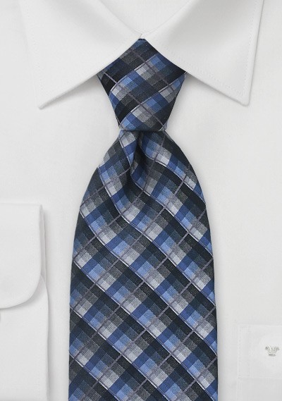 Modern Plaid Tie in Blue and Grey