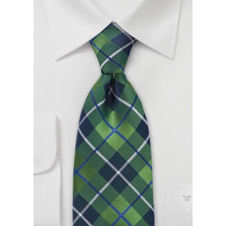 Modern Plaid Tie in Spring Green and Blue