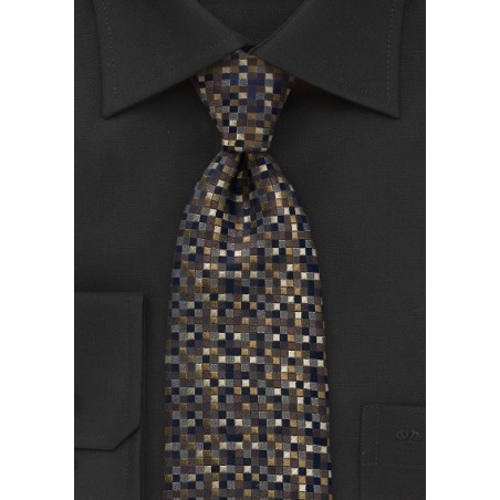 Square Patterned Tie in Navy and Gold