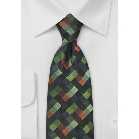 Patchwork Tie in a Palette of Autumn Greens