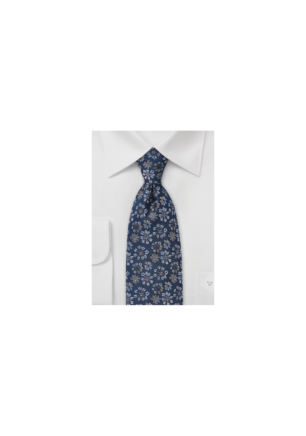 Navy Blue Tie with Embroidered Flowers