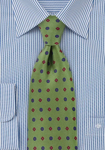 Retro Floral Grid Tie in Olive Green