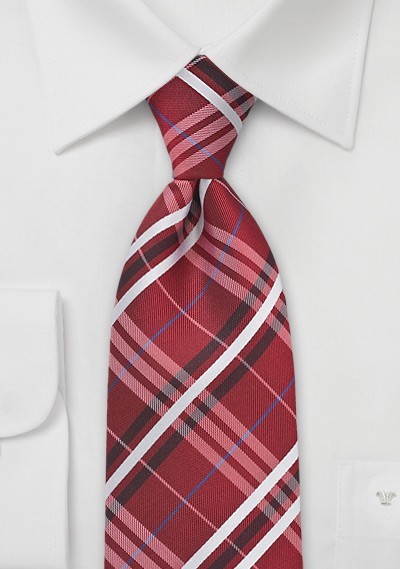 Extra Long Plaid Tie in Red, Silver and Blue