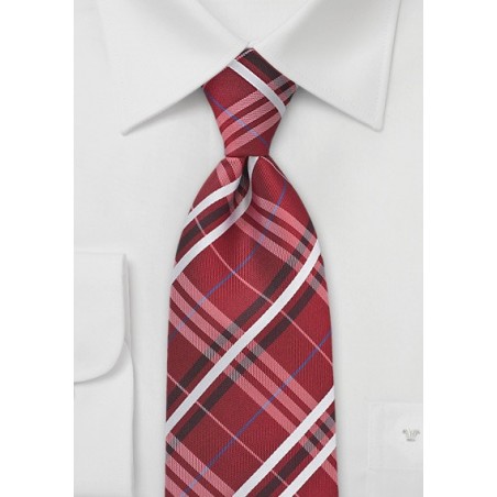 Extra Long Plaid Tie in Red, Silver and Blue