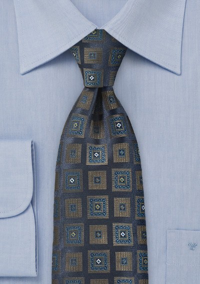 Ornate Square Patterned Tie in Navy Blue