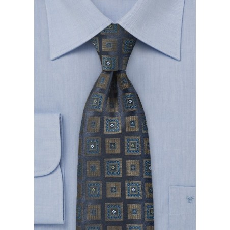 Ornate Square Patterned Tie in Navy Blue
