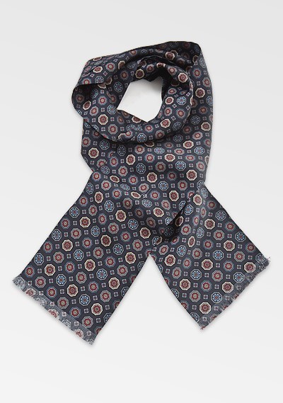 Traditionally Patterend Navy Blue Silk Scarf