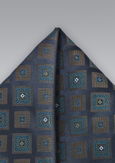 Diamond Patterned Pocket Square in Navy Blues and Olives