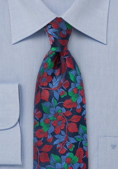 Embroidered Floral Tie in Navy and Red