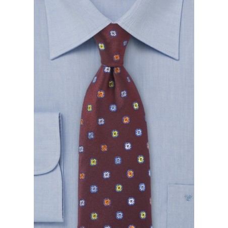 Cranberry Color Silk Tie with Colorful Flower Accents