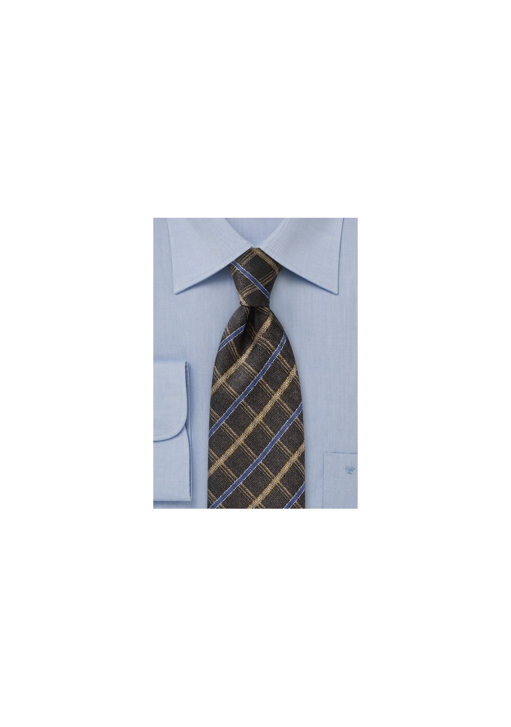 Choclate Brown Checked Necktie with Blue and Gold Accents