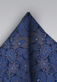 Silk Paisley Pocket Square in Blue and Bronze