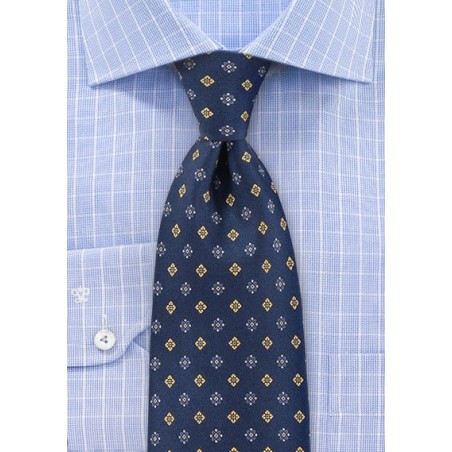 Navy Silk Tie with Blue and Yellow Flowers