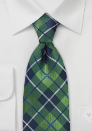 XL Length Plaid Tie in Spring Green and Blue