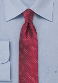 Cherry Red Skinny Tie with Light Blue Dots