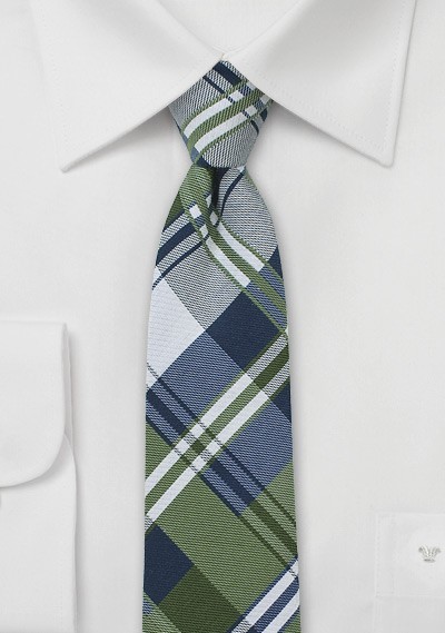 Navy, Green, and Silver Cotton Plaid Tie