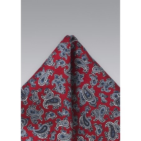 Red Silk Pocket Square with Gray Paisleys