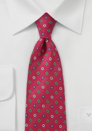 Red Silk Tie with Geometric Floral Print